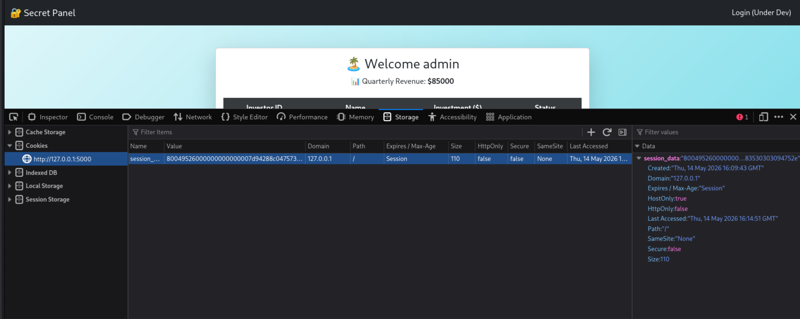 browser devtools showing hex-encoded session cookie